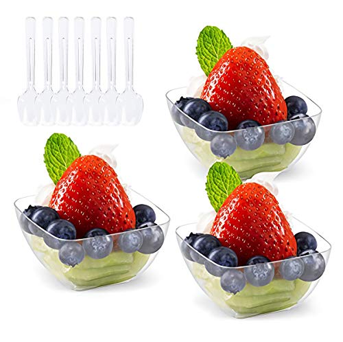 Kingrol 100 tazas de postre mini con cucharas, 2 onzas cuencos desechables para mousse, pudines, aperitivos, entrantes, sundaes