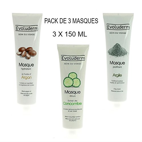 Kit de 3 máscaras Hydratant Visage óleo D 'Argán + máscara Purifiant à l' arcilla + máscara Douceur y anti – Stress AU pepino (3 productos de 150 ml)