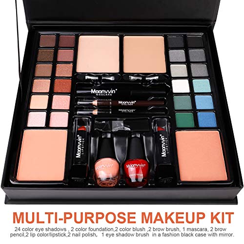 Kit de maquillaje multiusos, 24 colores Paleta de sombra de ojos, 4 fundas, 2 brochas de cejas, 1 máscara, 2 pintalabios 2 delineadores de ojos 2 esmaltes de uñas 1 cepillo de sombra de ojos 1 espejo