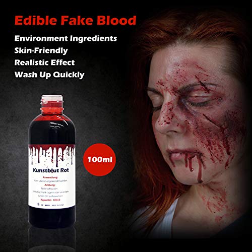 Kit de Sangre Falsa 100ml, Cera para Modelar 50g y 2 Esponja Motear para Crear Heridas y Costras, Sangre Artificial Lavable y Comestible, Pintura Cara Halloween y Carnaval Profesional de Vampiro
