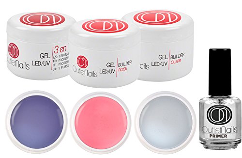 Kit de UV Gel 3 Geles de 15ml + Primer 15ml para uñas de gel / 1 x UV/LED Gel 3 en 1 Trifasico + 1 x UV/LED Ge Constructor Clear + 1 Gel UV/LED Constructor Natural + 1 Primer 15ml
