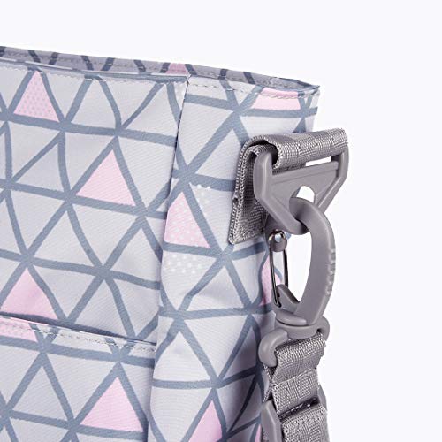 Kiwisac Trendy Crosses Bolso para Carro de Bebé Universal Diseño Original de Triángulos color Rosa y Gris Bolso Organizador con Cambiador, Bandolera Ajustable y Cintas de Sujeción 36x11x32 cm
