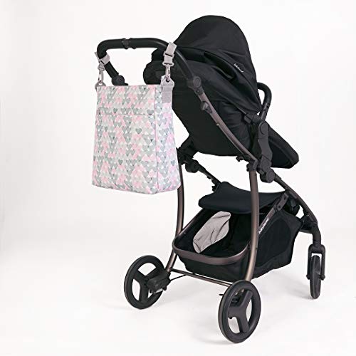 Kiwisac Trendy Crosses Bolso para Carro de Bebé Universal Diseño Original de Triángulos color Rosa y Gris Bolso Organizador con Cambiador, Bandolera Ajustable y Cintas de Sujeción 36x11x32 cm