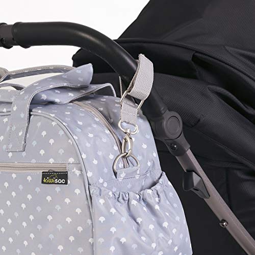Kiwisac Trendy Grey Palmira Azul Bolso Maternal Unisex con un Diseño Original y Divertido/Bolsa de Mamá con Cambiador Bandolera Ajustable, Color Gris, 44x18x27 cm