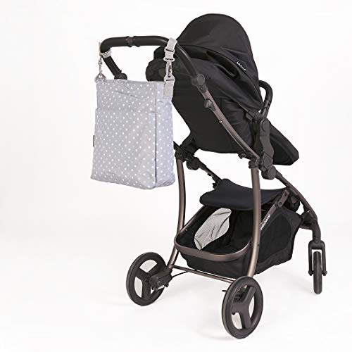 Kiwisac Trendy Grey Palmira Bolso para Carro de Bebé Universal con Diseño Original de Palmeritas Color Azul Bolso Organizador con Cambiador, Bandolera Ajustable y Cintas de Sujeción 36x11x32 cm