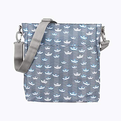 Kiwisac Trendy Marina Bolso para Carro de Bebé Universal Diseño Original de Barquitos de Papel en tono Azul Bolso Organizador con Cambiador, Bandolera Ajustable y Cintas de Sujeción 36x11x32 cm