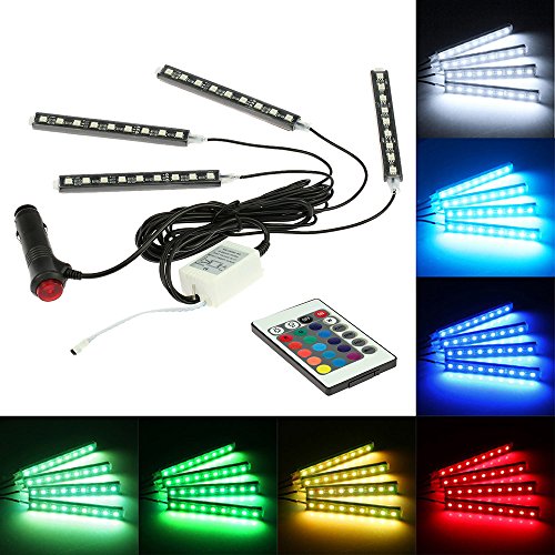 KKmoon Luz Interior Coche con Control Remoto, 4 en 1 Barras Led Coche Interior, Luz de Atmosfera 7 Color RGB