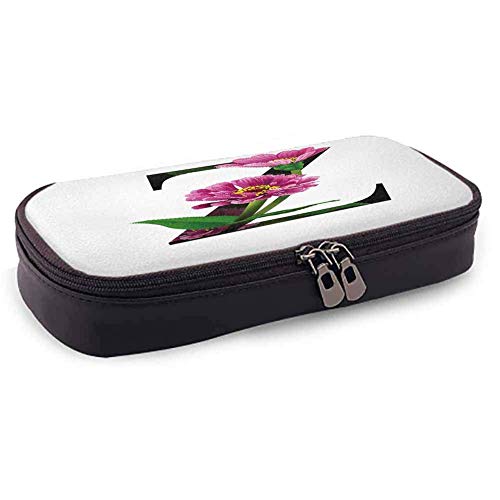 KLKLK Estuche Letter Z Printed Pencil Bag Purple Zinnia Petals Stems Leaves and Letter Z Nature Inspired Alphabet School Supplies Fuchsia Green Black