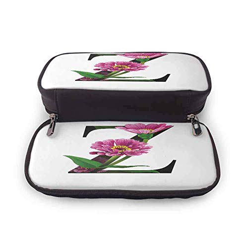 KLKLK Estuche Letter Z Printed Pencil Bag Purple Zinnia Petals Stems Leaves and Letter Z Nature Inspired Alphabet School Supplies Fuchsia Green Black