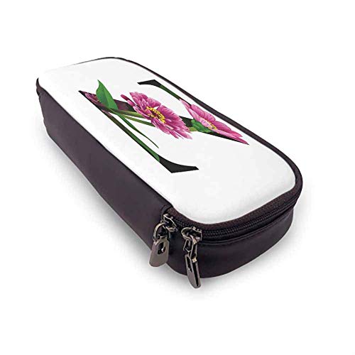 KLKLK Estuche Letter Z Printed Pencil Bag Purple Zinnia Petals Stems Leaves and Letter Z Nature Inspired Alphabet School Supplies Fuchsia Green Black