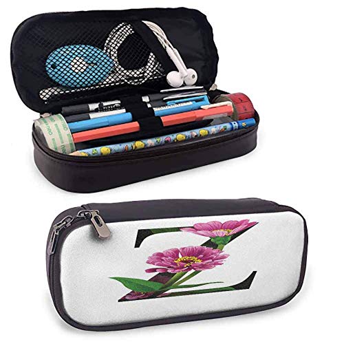 KLKLK Estuche Letter Z Printed Pencil Bag Purple Zinnia Petals Stems Leaves and Letter Z Nature Inspired Alphabet School Supplies Fuchsia Green Black