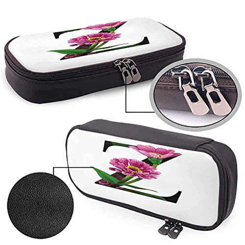 KLKLK Estuche Letter Z Printed Pencil Bag Purple Zinnia Petals Stems Leaves and Letter Z Nature Inspired Alphabet School Supplies Fuchsia Green Black