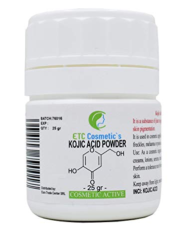 Kojic - Polvo de ácido (25 g), se puede incorporar en formulaciones de cuidado de la piel diseñadas para aclarar el tono de la piel, hidratantes, cremas, lociones, geles, líquidos, sueros, jabones