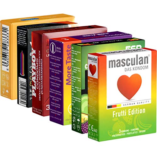 Kondomotheke®'s Condoms Selection: Fruity Tasty Mega Mix SIXPACK (ESP, Masculan, More Amore, Pasante, Playboy, Vitalis) - 18 condones con sabor