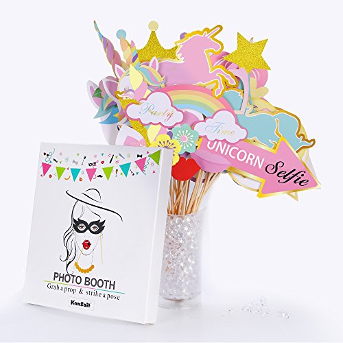 Konsait Unicornio DIY Photo Booth Props Cumpleaños Cabina de Fotos Accesorios Photocall máscaras Gafas en Palos para Niños niñas Regalo Unicornio Decoraciones de Fiesta de cumpleaños (35 pcs)