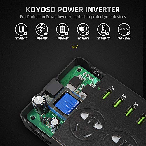 KOYOSO 200W Inversor de Corriente, 12V a 220V Transformador con 4 USB Puertos, Cigarrillo de Coche Adaptador y Pantalla LCD Convertidor para Portátil, iPad, Tableta