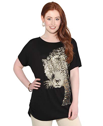 KRISP Camiseta Mujer Blusa Leopardo Top Brillante Camisa Casual Tallas Grandes, (Negro, 38 EU (10 UK)), 3277-BLK-10