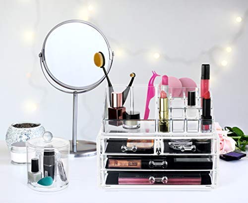 Kryllic Claro Juego de pañuelero Bolas de algodón acrílico Organizador, Caja de Almacenamiento para bastoncillos, Make up Pads, cosméticos y más – para baño y tocador