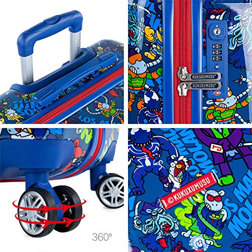 KUKUXUMUSU - Maleta Cabina de Viaje Infantil Juvenil Rígida 4 Ruedas Trolley 55 cm Policarbonato Estampado. Equipaje de Mano. Resistente y Ligera. Mango y Asa. Ryanair 131250, Color Azul