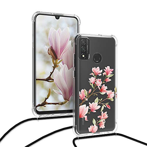kwmobile Funda con Cuerda Compatible con Huawei P Smart (2020) - Carcasa de TPU con Colgante Magnolias Rosa Claro/Blanco/Transparente