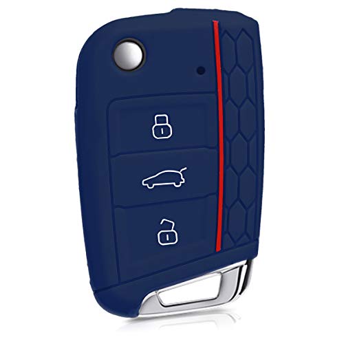 kwmobile Funda de Silicona Compatible con VW Golf 7 MK7 Llave de Coche de 3 Botones - Carcasa Suave de Silicona - Case Mando de Auto Azul Oscuro/Rojo