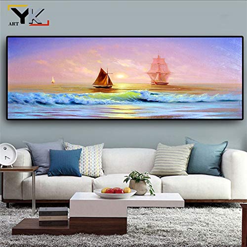 KWzEQ Lienzo Mural Moderno Cartel de Paisaje Marino Mural nórdico Sala de Estar Barco mar Lienzo Pintura,60X120cm,Pintura sin Marco