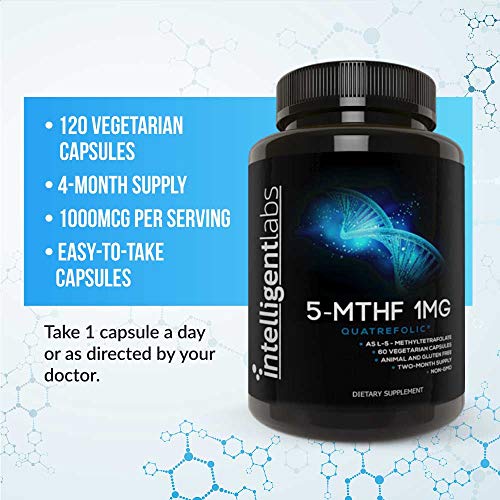L-5 MTHF 1 mg de Intelligent Labs, 120 cápsulas, 4 meses, Mejor relación calidad-precio, Suplemento de ácido fólico activo L-5-metiltetrahidrofolato en forma de folato activo Quatrefolic Acid