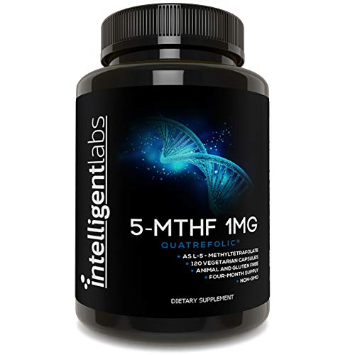 L-5 MTHF 1 mg de Intelligent Labs, 120 cápsulas, 4 meses, Mejor relación calidad-precio, Suplemento de ácido fólico activo L-5-metiltetrahidrofolato en forma de folato activo Quatrefolic Acid