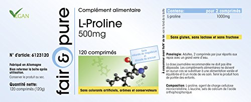 L-Prolina 500mg - Vegana - Aminoácido altamente dosificado - Alta pureza - 120 Comprimidos