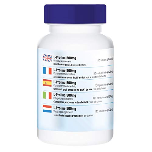 L-Prolina 500mg - Vegana - Aminoácido altamente dosificado - Alta pureza - 120 Comprimidos