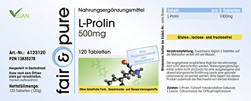 L-Prolina 500mg - Vegana - Aminoácido altamente dosificado - Alta pureza - 120 Comprimidos