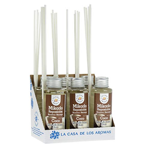 La Casa de los Aromas, Set de 6x100ml Ambientadores Mikado Coco para Reposición con Varillas, Difusor Líquido de Aroma Coco, Perfume Duradero para el Hogar, Baño, Casa