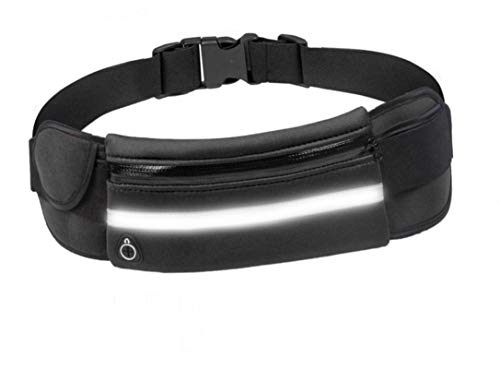 LA GALERIA Cinturón Running de Correr con Soporte de Botella. Riñonera Deportiva Grande Negro Impermeable con Cierre Cremallera y Tiras Reflectantes. Correa Ajustable Elastica.de MAX 108 cm.