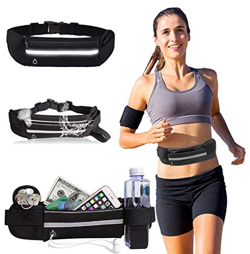 LA GALERIA Cinturón Running de Correr con Soporte de Botella. Riñonera Deportiva Grande Negro Impermeable con Cierre Cremallera y Tiras Reflectantes. Correa Ajustable Elastica.de MAX 108 cm.