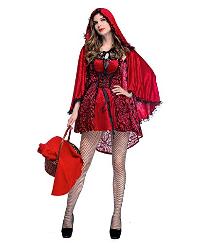 LaLaAreal - Disfraz clásico de Caperucita Roja para Mujer, Vestido Rojo y Capa con Capucha