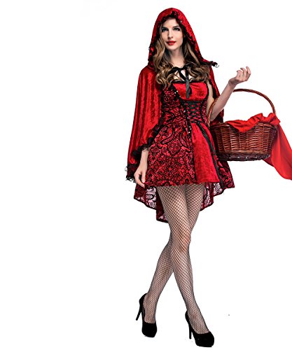 LaLaAreal - Disfraz clásico de Caperucita Roja para Mujer, Vestido Rojo y Capa con Capucha