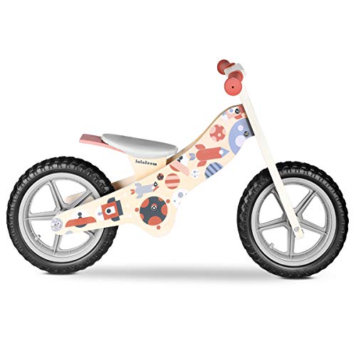 Lalaloom COSMO BIKE - Bicicleta sin pedales de madera para niños de 2 años (diseño espacio, andador para bebe, correpasillos para equilibrio, sillín regulable con ruedas de goma EVA), color Rojo