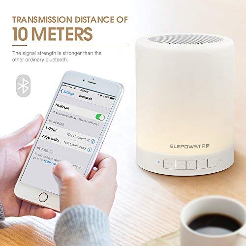 Lámpara de Noche LED, ELEPOWSTAR Luz de Noche con Altavoz Bluetooth, Brillo Ajustable y Cambiar 7 Colores, Lámpara de Mesa Noche con Control Táctil, Soporte para Bluetooth, Reproductor de MP3