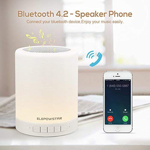 Lámpara de Noche LED, ELEPOWSTAR Luz de Noche con Altavoz Bluetooth, Brillo Ajustable y Cambiar 7 Colores, Lámpara de Mesa Noche con Control Táctil, Soporte para Bluetooth, Reproductor de MP3