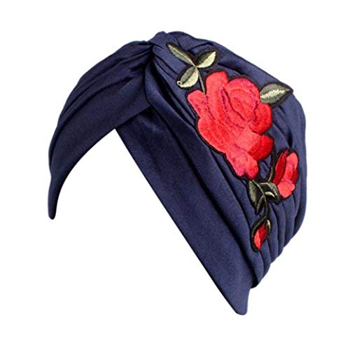 Lanceyy Gorra Damas Maquillaje Indio Tejido De Poliéster Turbante Sombrero Sencillos Abrigo Hijib Amarillo Azul Marino Beige con Bordado Apliques Estilo (Color : Marine, Size : One Size)