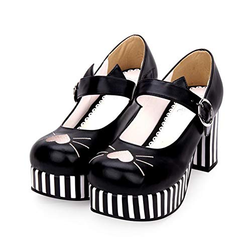 LANKOULI Lolita Zapatos Otoño Zapatos Niñas Tacón Alto Tacón Grueso Bordado Gato Zapatos Cosplay Lolita 46