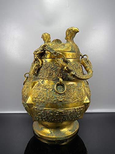 LAOJUNLU - Cadena de doble pájaro de bronce dorado con doble viga de transporte, imitación de bronce antiguo, colección de solitario de joyas de estilo chino tradicional