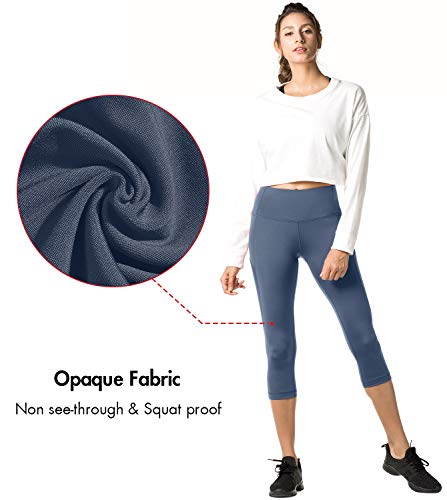 LAPASA Mallas Deportivas 3/4 Capris de Mujer Cintura Alta (Leggings para Yoga, Pilates, Running) L02 (XS/34 (Cintura 58-66, Cadera 74-82 cm), Bluish-Gray II (Bolsillo Lateral))