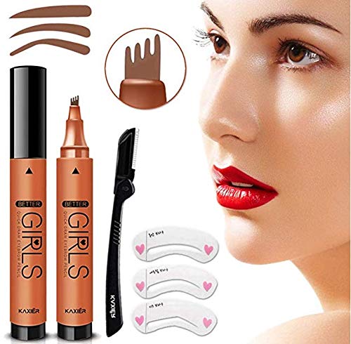 Lápiz De Cejas Líquido, Maquinilla De Afeitar Y 3 Moldes De Cejas, Pluma De Tatuaje 3D Duradera Waterproof Y Resistente Al Sudor(Marrón claro)01