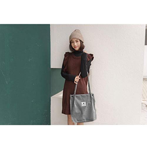 Las Mujeres Pana totalizador de la Lona Casual de Las señoras de Hombro Bolsa Reutilizable Plegable Cesta de la Compra Bolsa de Playa Femenino Bolso de Tela de algodón (Gris)