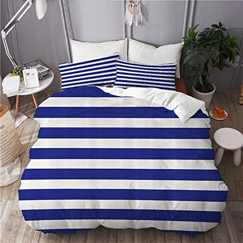 LASINSU Funda De Edredón,Lámina artística Rayas náuticas Estilo Marino Azul Marino y Blanco Marinero Tema patrón geométrico，3 Pcs Ropa de Cama Funda Nórdica Sábana Bajera (140 * 200CM)