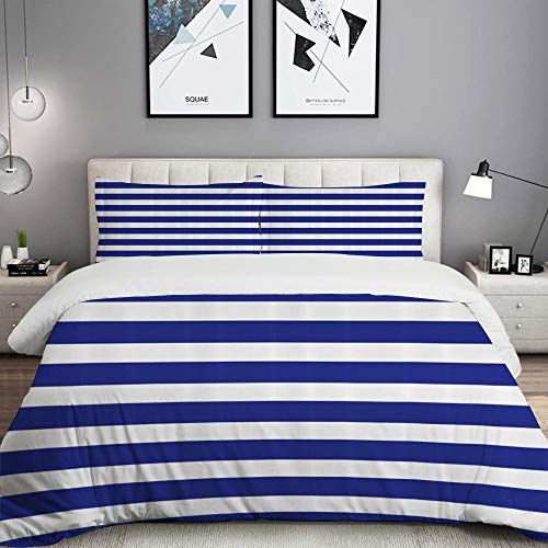 LASINSU Funda De Edredón,Lámina artística Rayas náuticas Estilo Marino Azul Marino y Blanco Marinero Tema patrón geométrico，3 Pcs Ropa de Cama Funda Nórdica Sábana Bajera (140 * 200CM)
