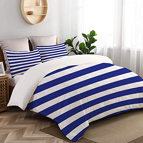 LASINSU Funda De Edredón,Lámina artística Rayas náuticas Estilo Marino Azul Marino y Blanco Marinero Tema patrón geométrico，3 Pcs Ropa de Cama Funda Nórdica Sábana Bajera (140 * 200CM)