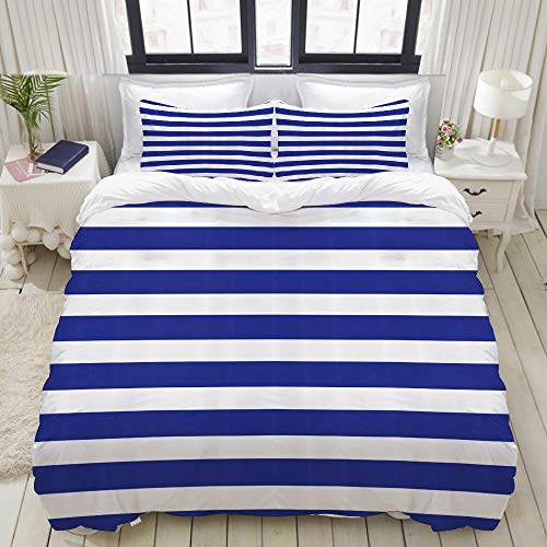 LASINSU Funda De Edredón,Lámina artística Rayas náuticas Estilo Marino Azul Marino y Blanco Marinero Tema patrón geométrico，3 Pcs Ropa de Cama Funda Nórdica Sábana Bajera (140 * 200CM)