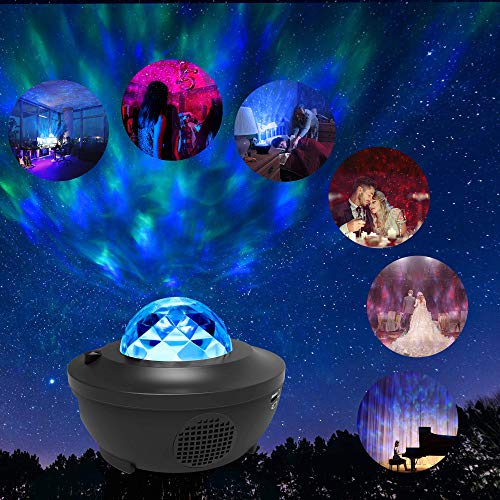 LBell Lámpara Proyector, Lámpara de Nocturna Estrellas & Océano 2 in 1 con Rotación y Música, Temporización y Remoto Bluetooth 10 Modos de Luz planetario proyector Estrellas para Cumpleaños y Fiesta